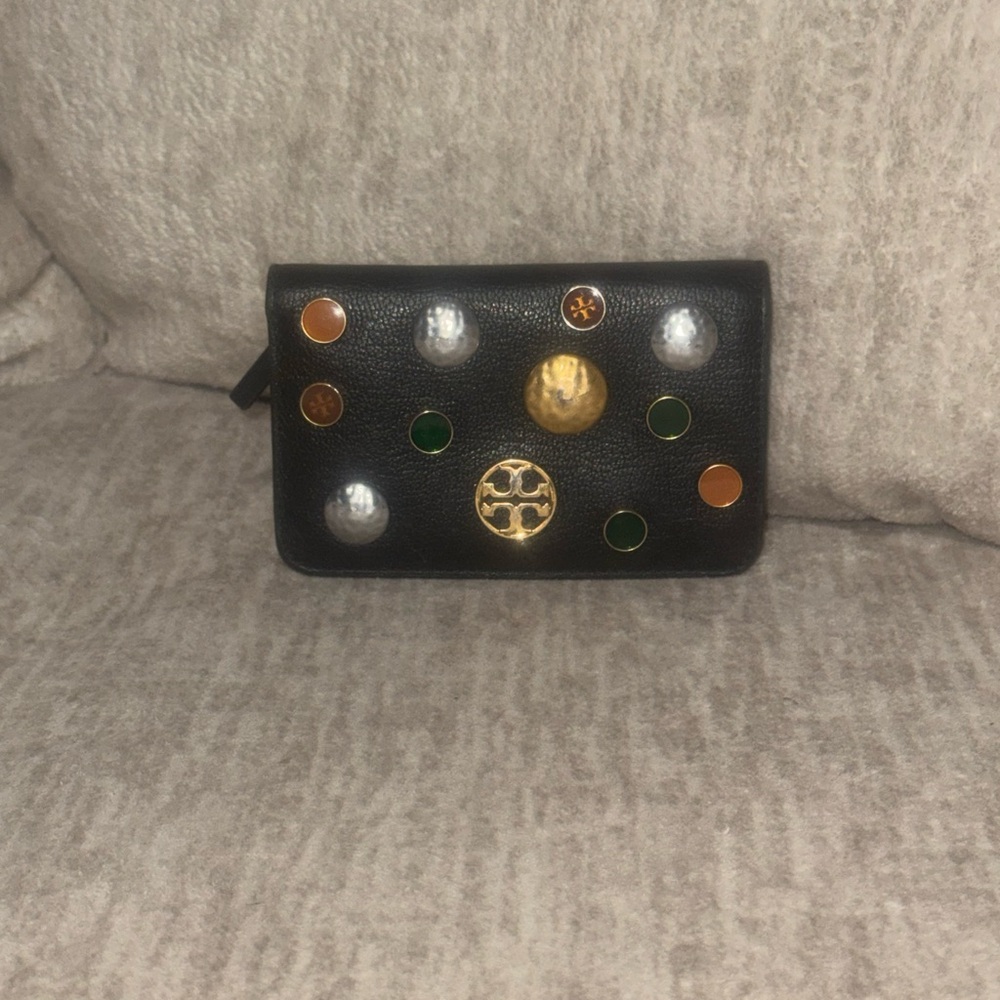 Tory Burch Black Leather Studded Wallet with Multicolor Accents